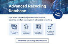 Infografik mit dem Titel 'Advanced Recycling Database' und den Stichpunkten '152 Company Profiles', '399 Plants from 68 Countries', 'Many Insightful Infographics' und 'All Advanced Recycling Technologies' vor einem digitalen Hintergrund.