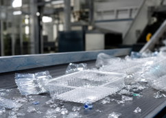 Transparent PET trays and plastic waste on a conveyor belt at a recycling plant