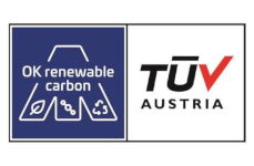 Zertifikat „OK Renewable Carbon“: Links Angabe des Anteils an erneuerbarem Kohlenstoff in Produkten, rechts Logo TÜV Austria